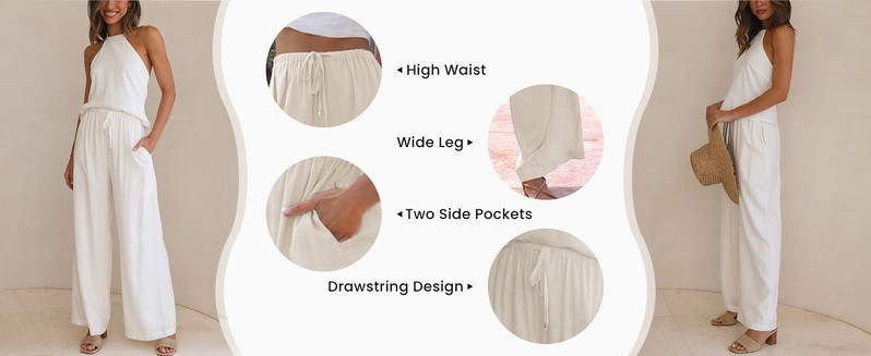 SCUSTY Women's Summer Cotton Linen Wide Leg Pants Drawstring High Waist Palazzo Flowy Beach Trousers with Pockets