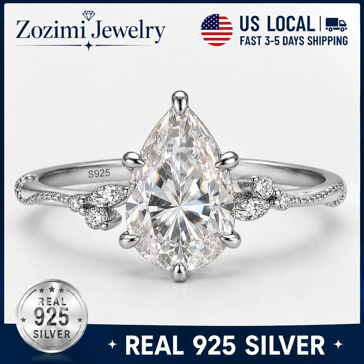Zozimi 925 Sterling Silver 2CT Pear Cut Engagement Rings, Teardrop Wedding jewelry with Grade 5A Cubic Zirconia, Promise Rings for Women, Pefect for Wedding, Party, Travel,Daily Wear