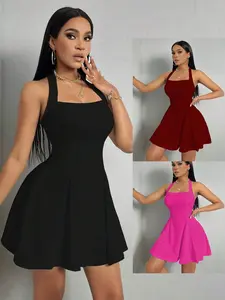 LikeMyChoice Halter Neck Fitted Waist Flared Mini Skater Dress in Black Red Hot Pink Casual Chic Multiple Colors
