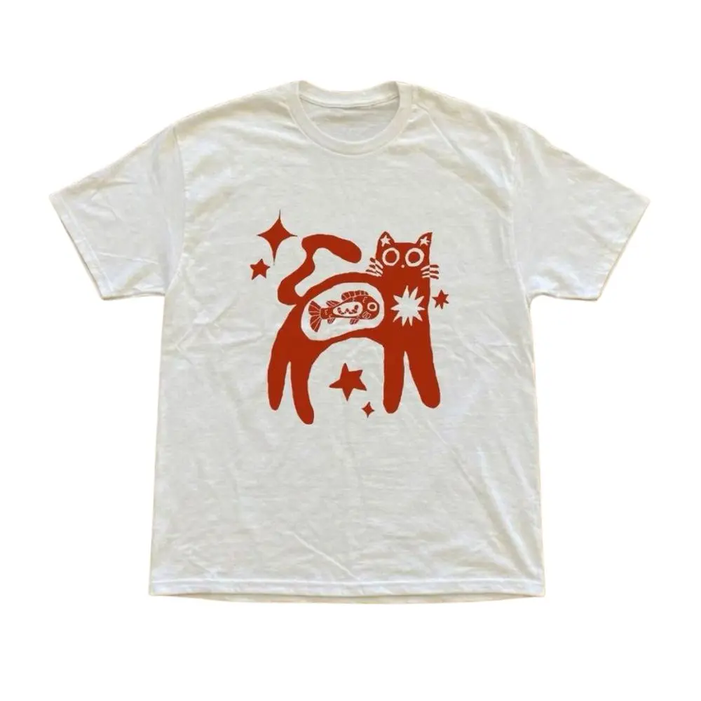 The Folk Art Cat Graphic T-Shirt, Whimsical Red Animal Tee, Retro Celestial Cat Shirt, Trending Shirt