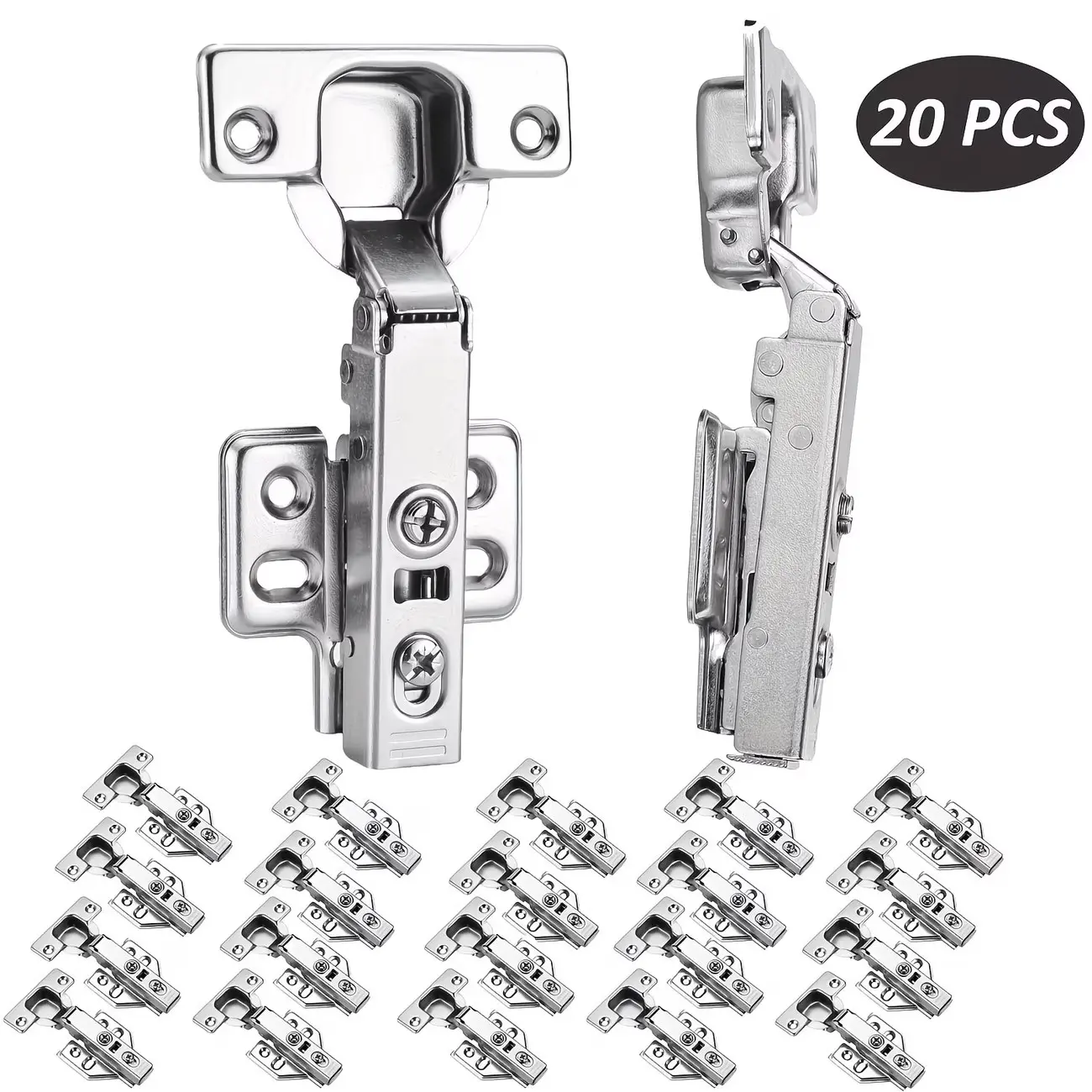 20 Sets Metal Color Fixed Hydraulic Hinges (includes 20 Hinges + 120 Screws), Dampening Silent Buffer, Cupboard Door Hinges, for Cabinet Doors & Side Panels, Door Hardware