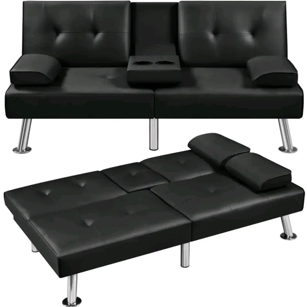 Modern 3-in-1 Convertible Sofa Bed with Cup Holders & 2 Leather Pillows - Luxury Black Folding Futon Sleeper Couch - Space-Saving Living Room Indoor Furniture