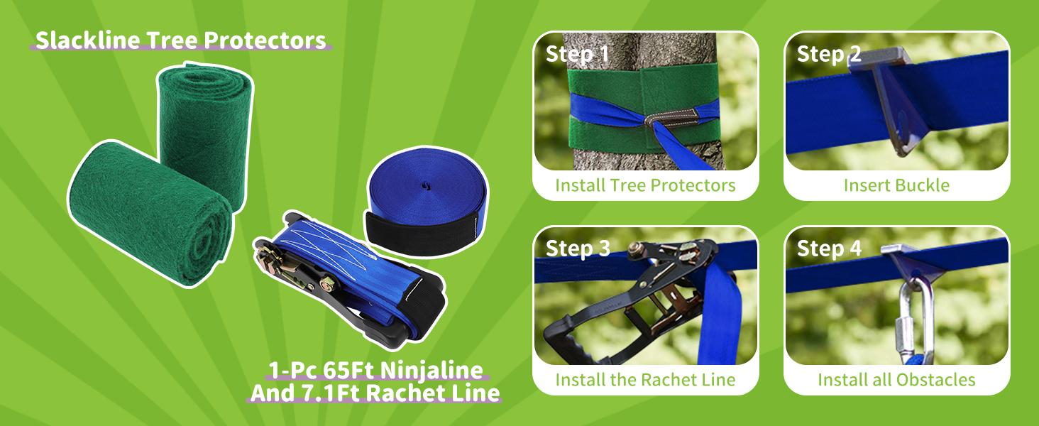 65 FT Warrior Course for Kids with 12 Accessories - 600lbs Weight Capacity, Slackline with Swing Seat, Disc Swing,Rope Ladder, Arm Trainer Playground Equipment Climbing Net Ninja Obstacles Gymnastic Ring Adjustable