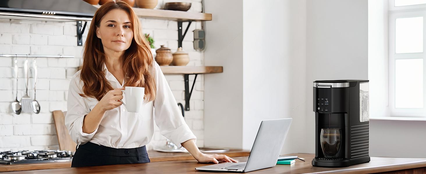 Coffee Machine K-Cup Pods & Ground Coffee Maker, Latte and Cappuccino Maker, 5 Brew Sizes Up To 14 Oz, with 40oz Removable Water Tank, Self-cleaning Function, Black