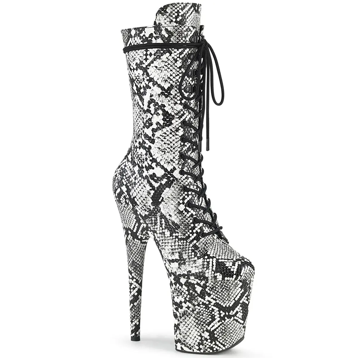 Pleaser Women's Flamingo-1050SP Snake Print Platform Boots, 8" Heel Mid-Calf with Lace-Up Front & Inside Zip, Animal Print