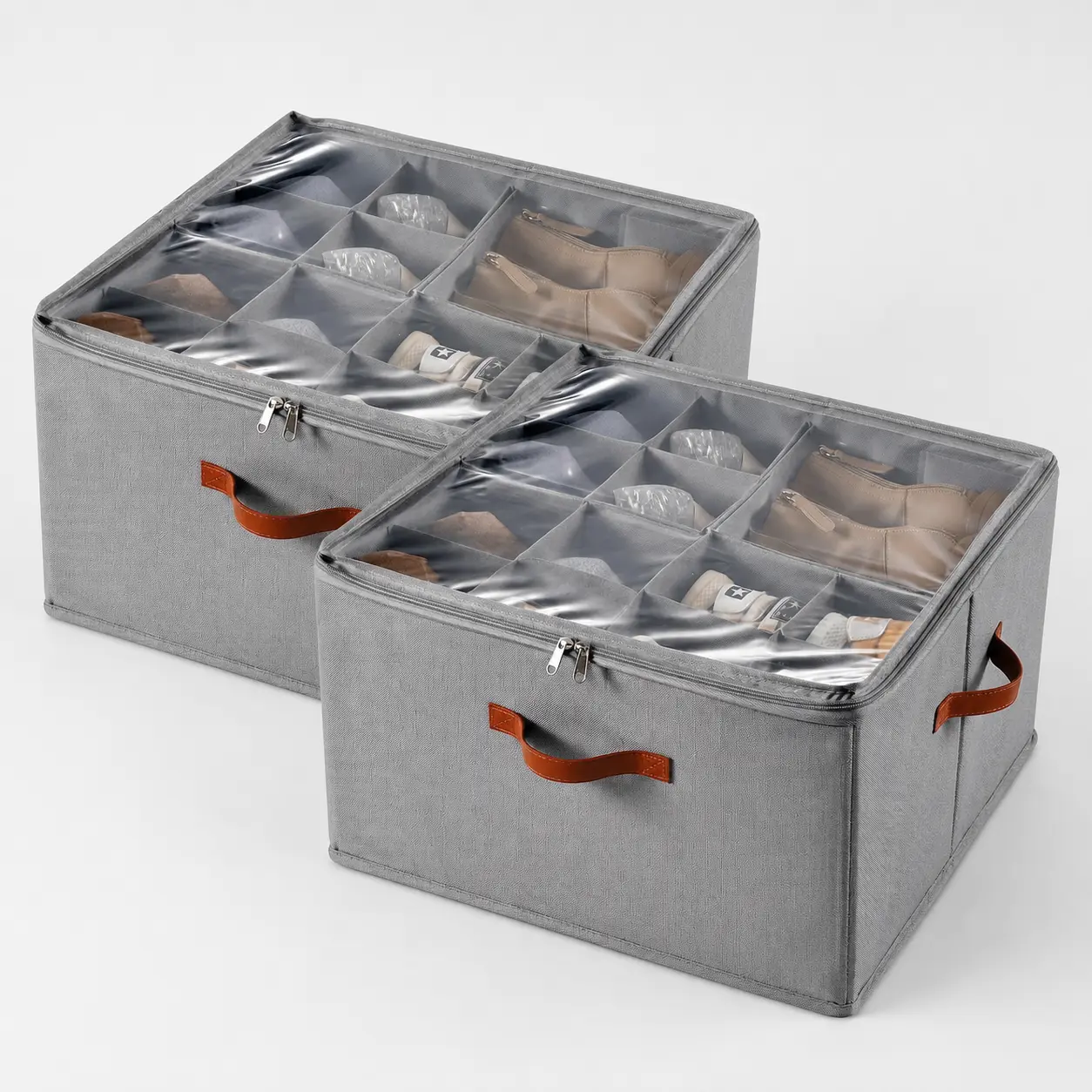 2 Pack Foldable Shoe Organizer Box for Closet, Clear Top Shoe Storage Bins with Adjustable Dividers, Reinforced Handles & Zipper Lid, Space Saving Organizer for Sneakers, Heels, Dorm Room, Back to School