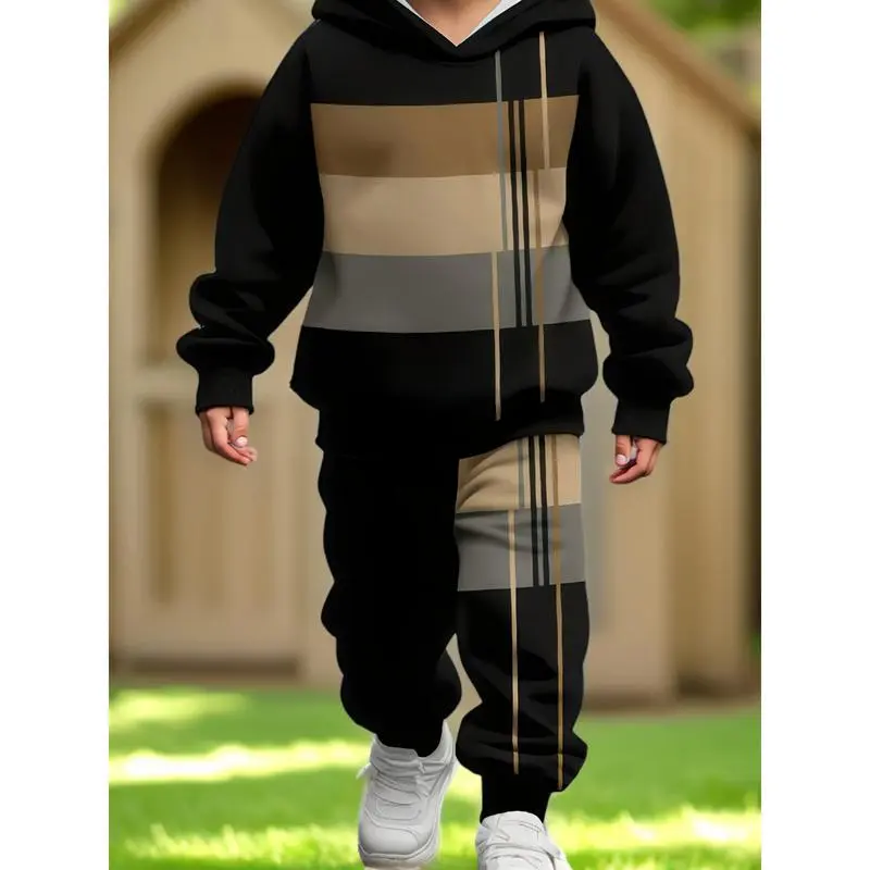 Boys 2-piece Set with Color-block Striped Hoodie and Sweatpants - Comfortable Casual Outfit Suitable and Autumn, Machine Washable, Perfect Outdoors