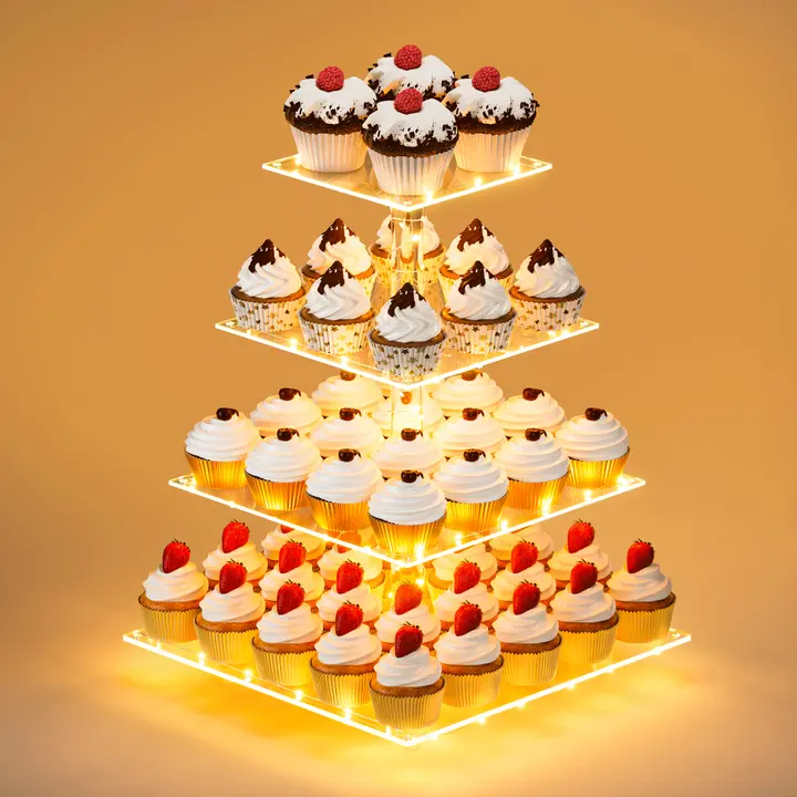 Tiered Premium 4-Tier Smooth Waterproof Eco-Friendly Acrylic Cupcake Stand with Yellow LED Light - Cake Pedestal Stand, Easy to Clean Dessert Display Riser for Weddings, Anniversary, Baby Shower, Extra Large