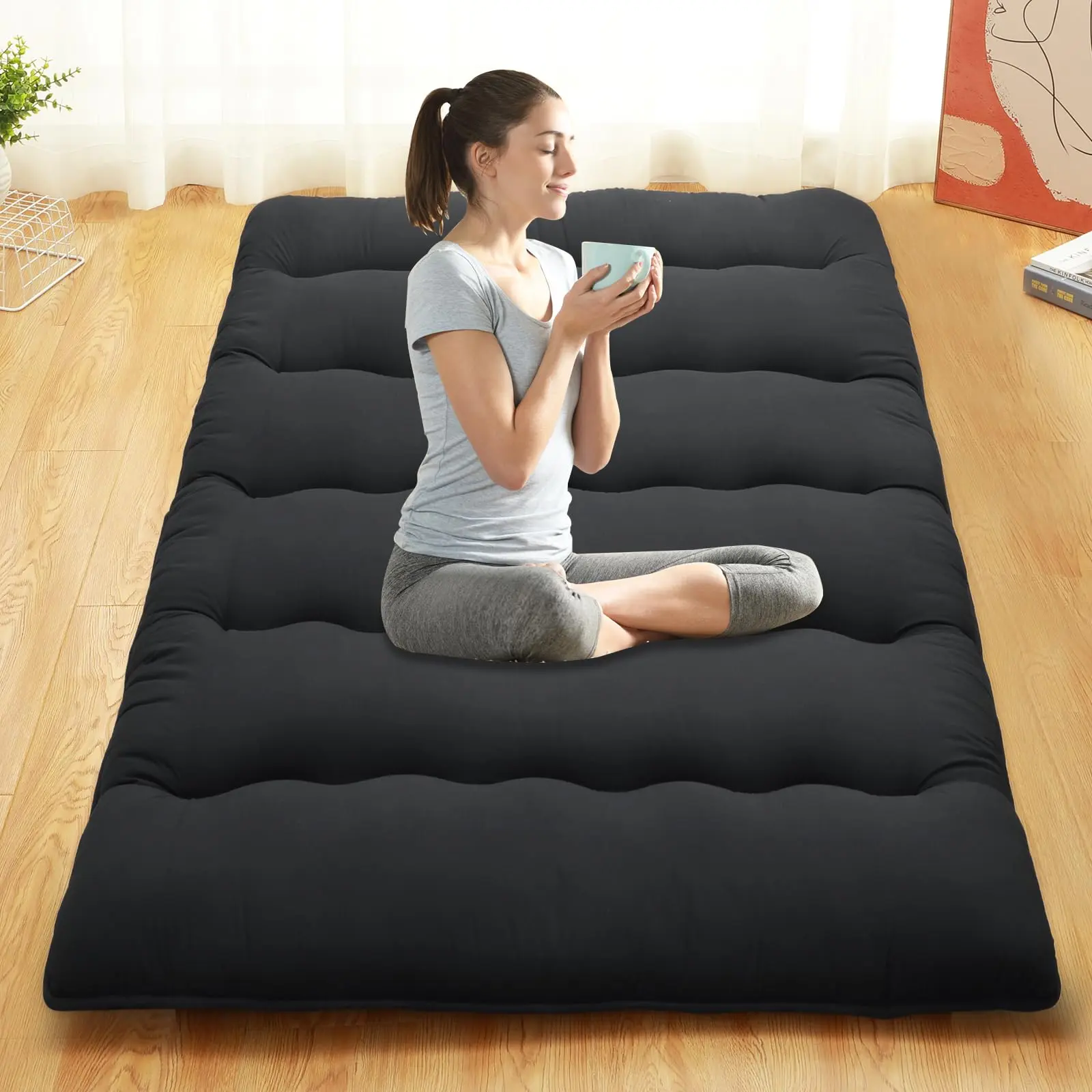 GARVEE Japanese Futon Mattress Queen Size - Japanese Style Floor Mattress for Adults, Tatami Mat Roll-Up Sleeping Pad, Wave Black Design, Ideal for Floor Sleeping and Camping