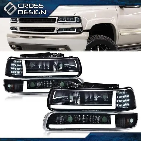 CROSSDESIGN Smoke LED DRL Car Headlights Kit - Plug-N-Play, Easy Install LED Headlight Assembly, Vehicle-Specific Fit Replacement Lights for 99-02 Chevy Silverado, 00-06 Tahoe Exterior Upgrade