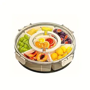 360° Rotating Divided Serving Tray with Lid and Handle, Clear Snackle Box Container, Lazy Susan Fridge Storage Organizer for Fruits, Veggies, Charcuterie, Adults, Kids