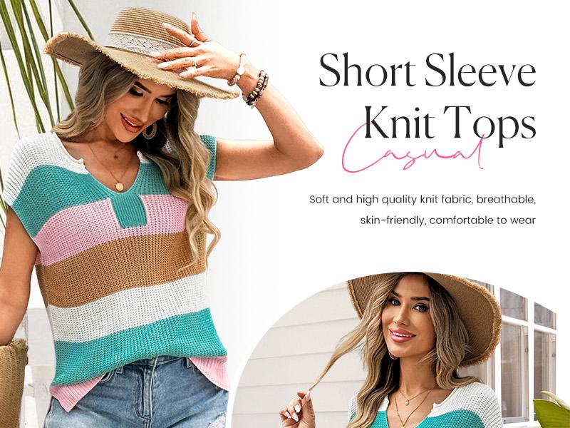 Shewin 2026 Spring/Summer Women's Striped Colorblock Knit Top - Breathable Hollowout V-Neck Short Sleeve Loose Casual Shirt for Daily Wear
