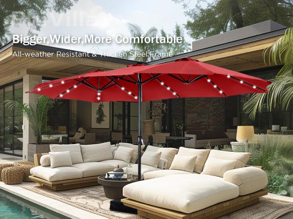 PHI VILLA Double-Sided Outdoor Patio Umbrella 15 ft Large with Crank, Steel Pole Metal Frame Includes Base, Easy to Clean, Sunshade Canopy, Ideal Gift for Home