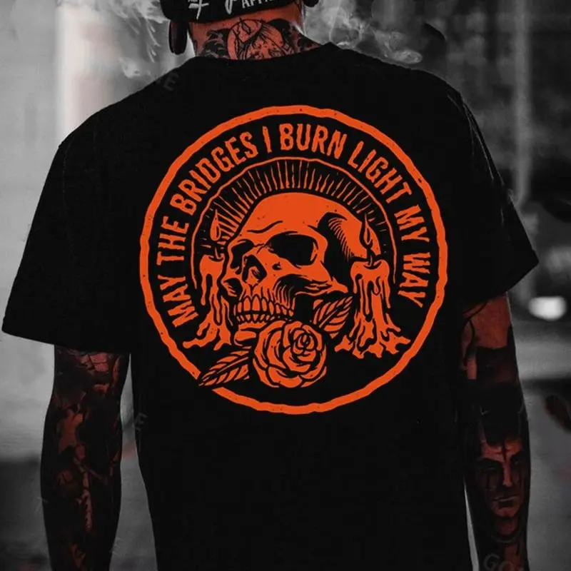 MAY THE BRIDGES I BURN LIGHT MY WAY Skull Print Men's T-Shirt,Regular,Fit Textured Knit Top,baby,dee,graphic,shirts,jesus,tshirt,,streetwear,,dad,tee,,story,,Horror,Movie,Villains,Vintage,Double-Sided,Lever,Action,Rifle.