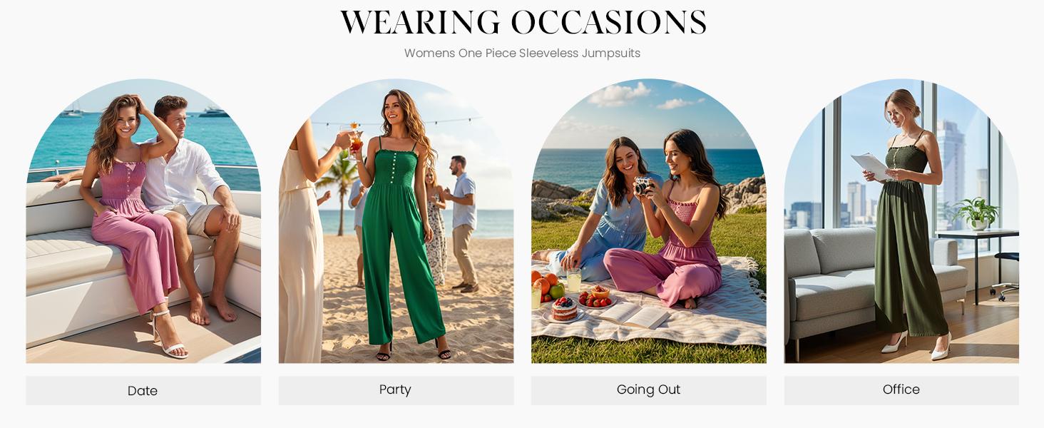 PrettyGarden Jumpsuits for Women Summer Sleeveless Smocked Button Wide Leg Rompers Spring Travel One Piece Outfits