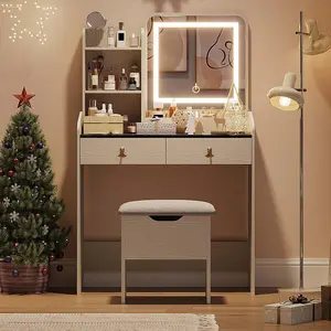 Vanity Desk with LED Light Mirror and Charging Station, Small Makeup Vanities Set with 2 Drawers for Girls Women with Storage Stool (White + Grey Tabletop)