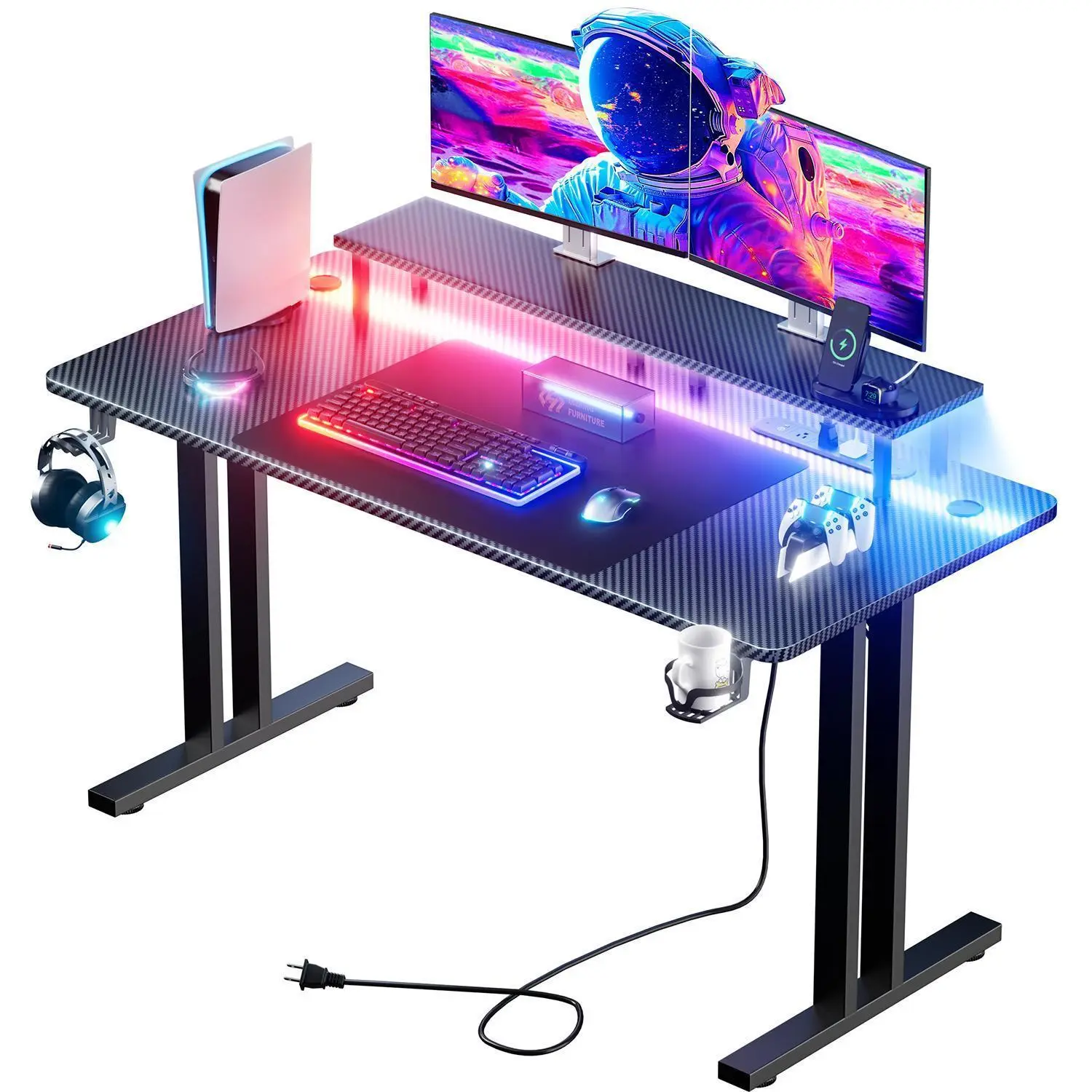 Ecofurnix,LED light game table & power socket, computer gaming desks & monitor stand, ergonomic carbon fiber game table, home office desk with cup holder, headphone hook and mouse pad, simple assembly summerwins,dorm essentials,home decor