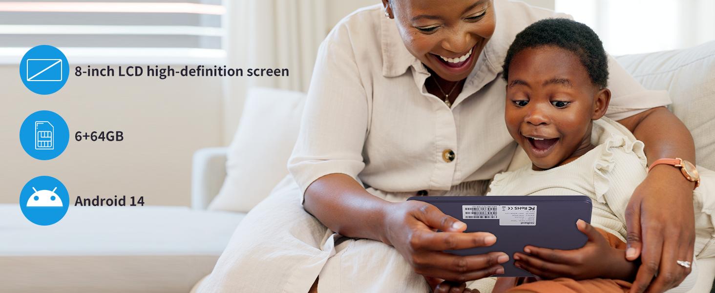 Redbeat C1 Android 14 Tablet，9GB (3+6) RAM+64GB ROM ，1217BOX loudspeaker，4000mAh-ALL Day Performance,8-inch LcD arge screen ultra clear,Dual 4G LTEDual SIM,Face ld,Extreme weight only 0.345kg, para emp render tablet