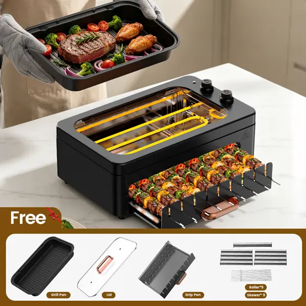 1500W Portable Smokeless Indoor Electric Grill with 360° Auto-Rotating Hot Dog Roller & Kabob Skewers, Dual-Zone Grill/Universal Griddle, Precise Temp Control, Easy-Clean Removable Plate, Dishwasher Safe, Multi-Function Indoor Cooking Gift