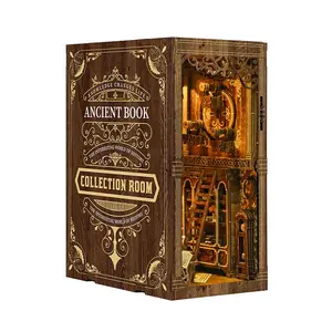 Ancient Library DIY Book Nook Kit, 3D Wooden Bookshelf Insert with LED Lights, Vintage Book Collection Room Decor