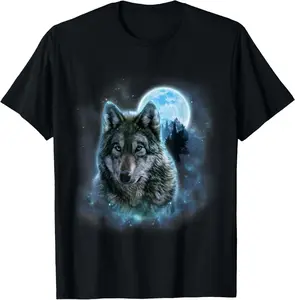 100% Cotton Fox Republic Design T-Shirt, Grey Wolf Hunting Ground, Icy Moon, Forest, Galaxy T-Shirt
