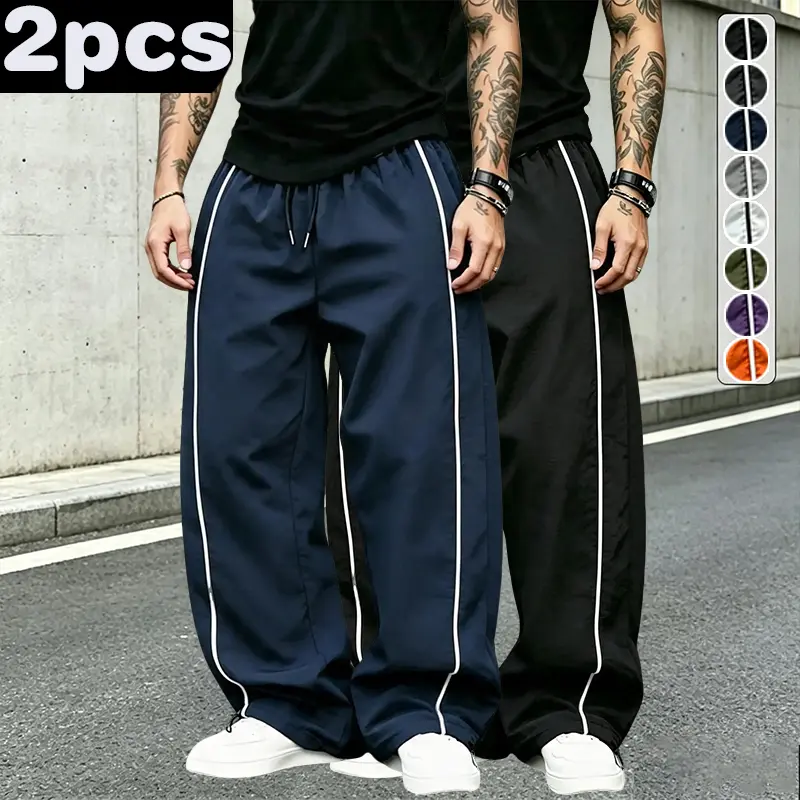 Men's Lightweight Summer Quick-Dry Side Striped Joggers with Drawstring Waistband and Ankle Cuffs - Loose Fit, Two-Way Wearable, Trendy Streetwear, Breathable Ice Silk Work Pants for Students, Ideal for Strolls