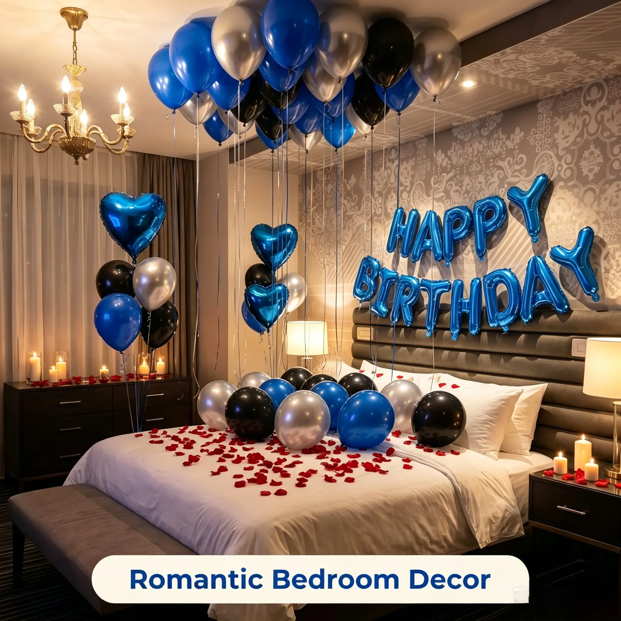 593pcsBlue Birthday Party Decoration Set Includes 16" Happy Birthday Banner Includes 500 pieces of simulated petals,10pcs 18" Foil Heart Balloons Blue Black Silver Latex Balloons Ribbons For Baby Shower Men's Party Graduation Ceremony Viral Photo Backdrop