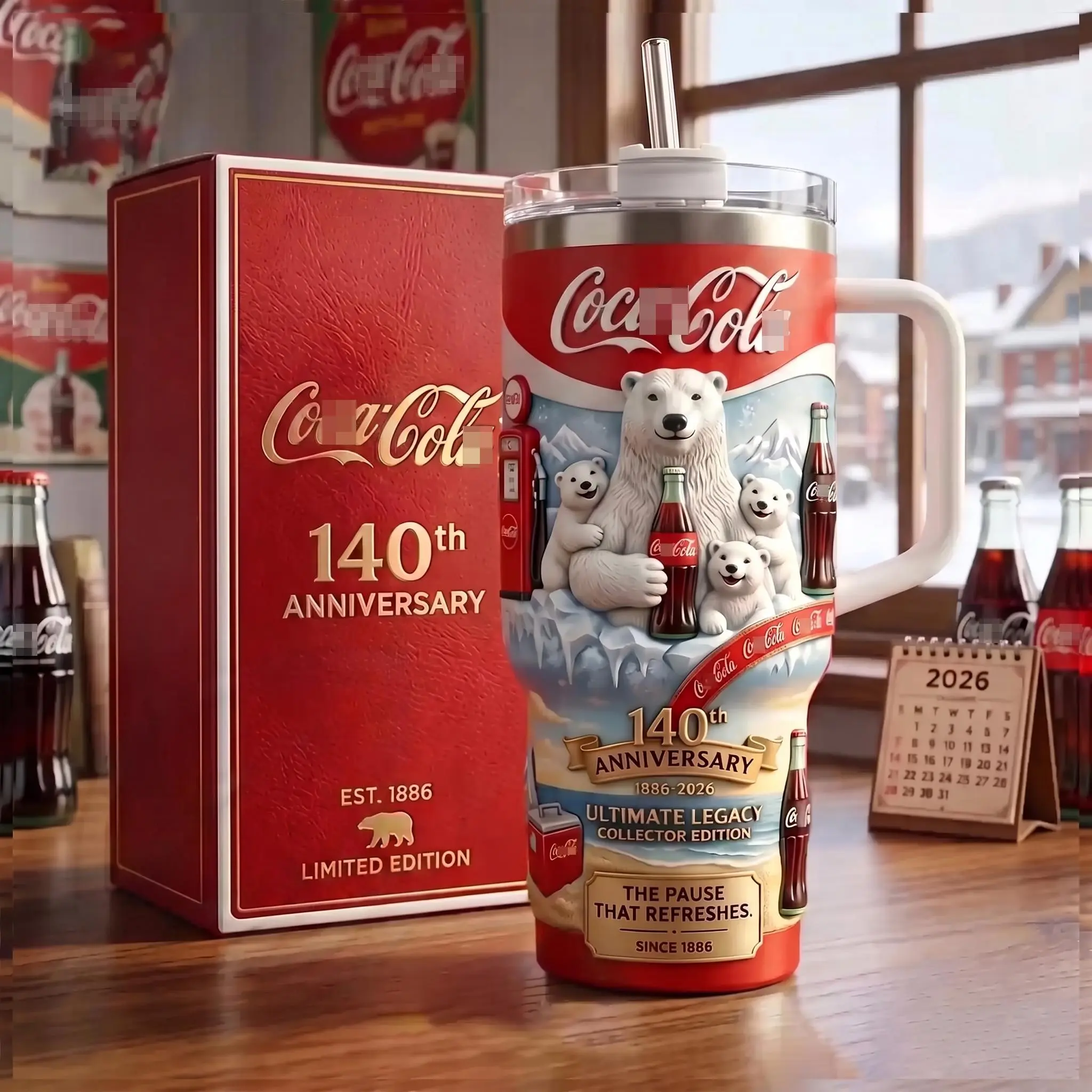 Coke Est 1886 Anniversary Tumbler, Retro CocaCola Soda Polar Bear Insulated Travel Mug with Handle, Ultimate Legacy 40oz Cup, Stainless Steel Hot Cold Leakproof Drinkware, Winter Christmas Holiday Road Trip Travel Cup, Novelty Nostalgic Collectible Gift