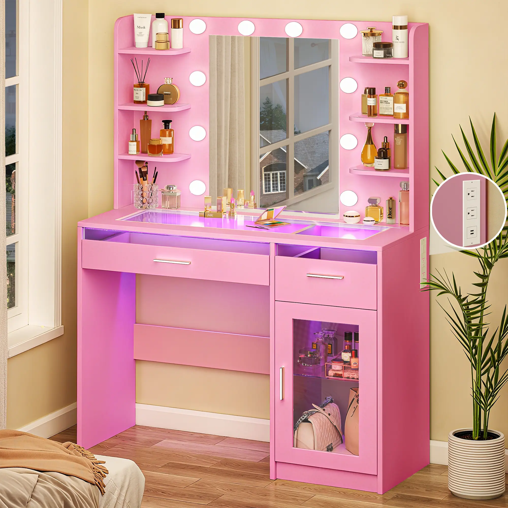 Vanity Desk with Mirror and Lights, Makeup Vanity Desk with Lights , Transparent Top Vanity with 2 RGB Drawers, 6 Shelves, Large Tempered Cabinet, Power Outlet, for Bedroom, Pink