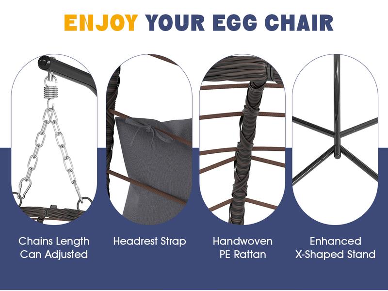 Patio Swing Egg Hanging Chair with Stand, Foldable Wicker Rattan Chair with Cushion, Pillow Holder for Indoor Outdoor Patio Garden Balcony