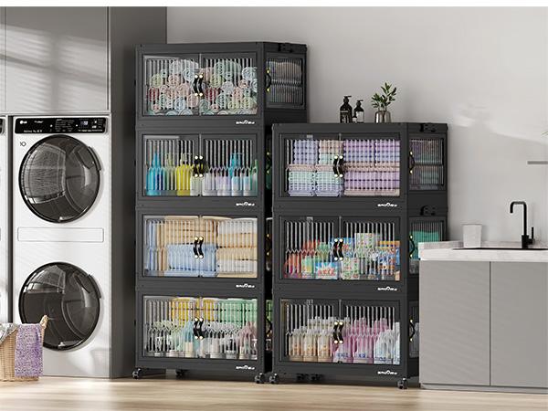 Broview 360Qt/480Qt/600Qt Stackable Storage Bins with 4x Lids, Each 120Qt Stackable Storage Bin,Front and Side Open Doors, Collapsible Closet Organizer and Storage Cabinet, Plastic Folding Box with Wheel Drawer for Home Office Dorm