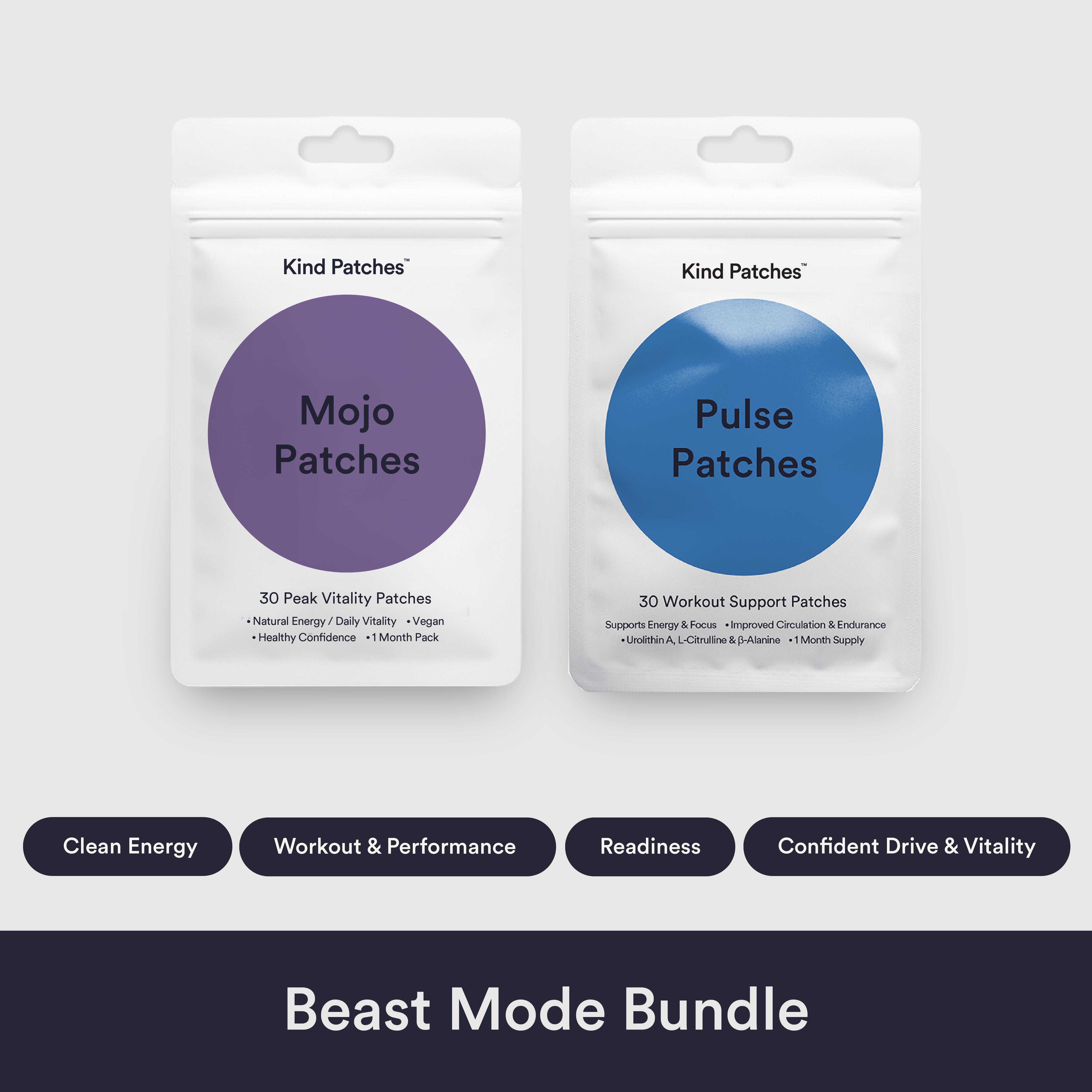 Kind Patches Beast Mode Bundle: 30 Mojo Patches + 30 Pulse Patches, Workout & Performance Readiness, Confident Drive & Vitality, Vegan, Natural Ingredient Kind Patches Beast Mode Bundle: 30 Mojo Patches + 30 Pulse Patches, Workout & Performance Readiness, Confident Drive & Vitality, Vegan, Natural Ingredient