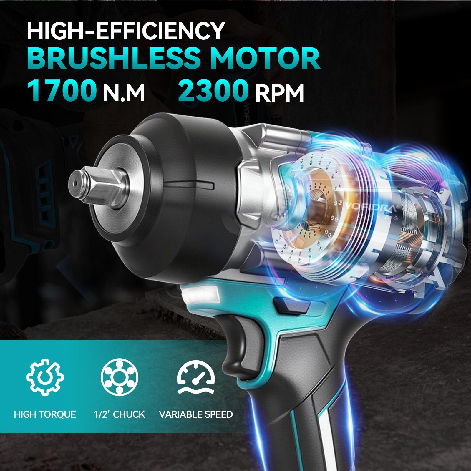 YOFIDRA Cordless Impact Wrench 1/2" Drive 1700Nm High Torque Power Tool Kit, 3-Speed Brushless Electric Wrench with 2×3.0Ah 1500mAh Batteries, Fast Charger, 17/19/21/22mm Sockets, LED Light, Compatible with Makita 18V Battery half inch