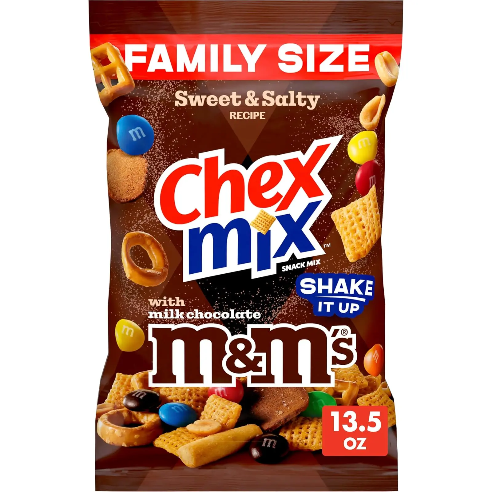 Chex Mix Sweet & Salty Snack Mix, Family Size, 13.5 oz | Featuring Corn Chex, Vanilla Breadsticks, Pretzels, Peanuts, Rye Chips, and M&M's Milk Chocolate Candy, Great for Roadtrips