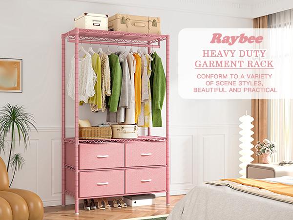 Raybee 3 in 1 Clothes Rack with 4 Drawers, 445LBS Heavy Duty Clothing Rack Closet Rack, Garment Racks for Hanging Clothes Heavy Duty Clothes Rack DIY Portable Adjustable Storage Rack for Apartment, Bedroom, Laundry Room