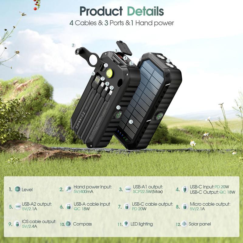 Bodo-Tech 40000mAh Solar Charger Hand Crank Power Bank with 4 Cables Fast PD20W Charging LED Flashlight for iPhone Android Samsung Orange Black