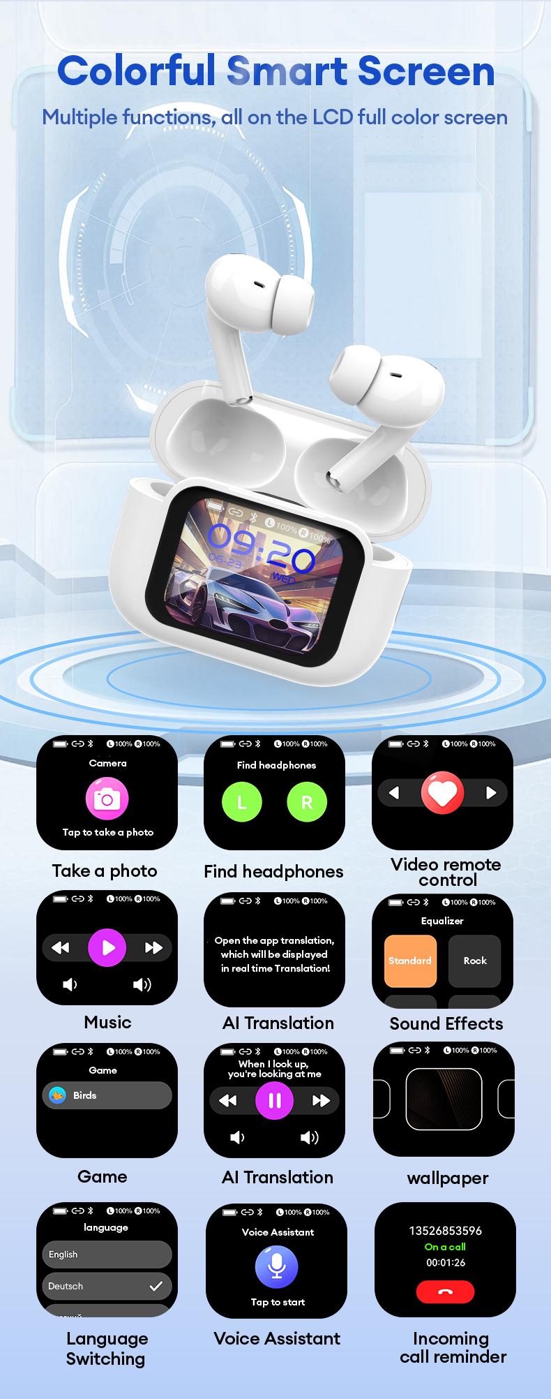 MGALL Y49 Multifunctional Wireless Headphones Supports 169 Language Translation, with 2025 Bluetooth 6.0, Colorful LCD Smart Touch Screen, Personalized Screensaver, Hi-Fi Sound, IPX5 Waterproof, Ideal for Office, Study, Sport & Calls