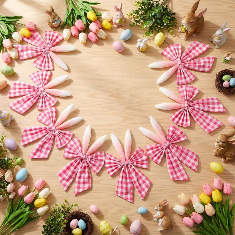 Easter Bow Garland Pastel Fluffy Tulle Satin Bow Banner Bunny Ear Plaid Pink Bow Garland Cute Hanging Wreath Garland for Mantle Fireplace Wall Door Mantel Decor, Spring Indoor Outdoor Home Table Backdrop Easter Decor 2026 Festive Party Supplies & Gifts