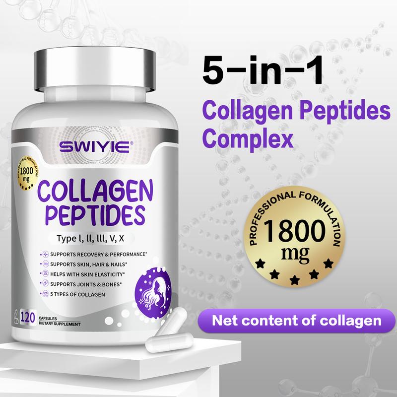 SWIYIE-Multi Collagen Peptides Capsules 1800mg, Hydrolyzed Collagen Supplements for Women & Men with Types I, II, III, V & X, Collagen Protein Supports Skin Nails Bones & Joints | 120 Count