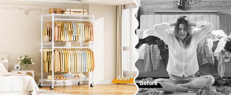 P4 Plus ULIFHOME Rolling Clothing Racks for Hanging Clothes, Heavy Duty,  Free Standing Garment Racks with Wheels, Portable Closet Rack 45''W × 20.5''D × 80.5''H, Max Load 570 Lbs, White