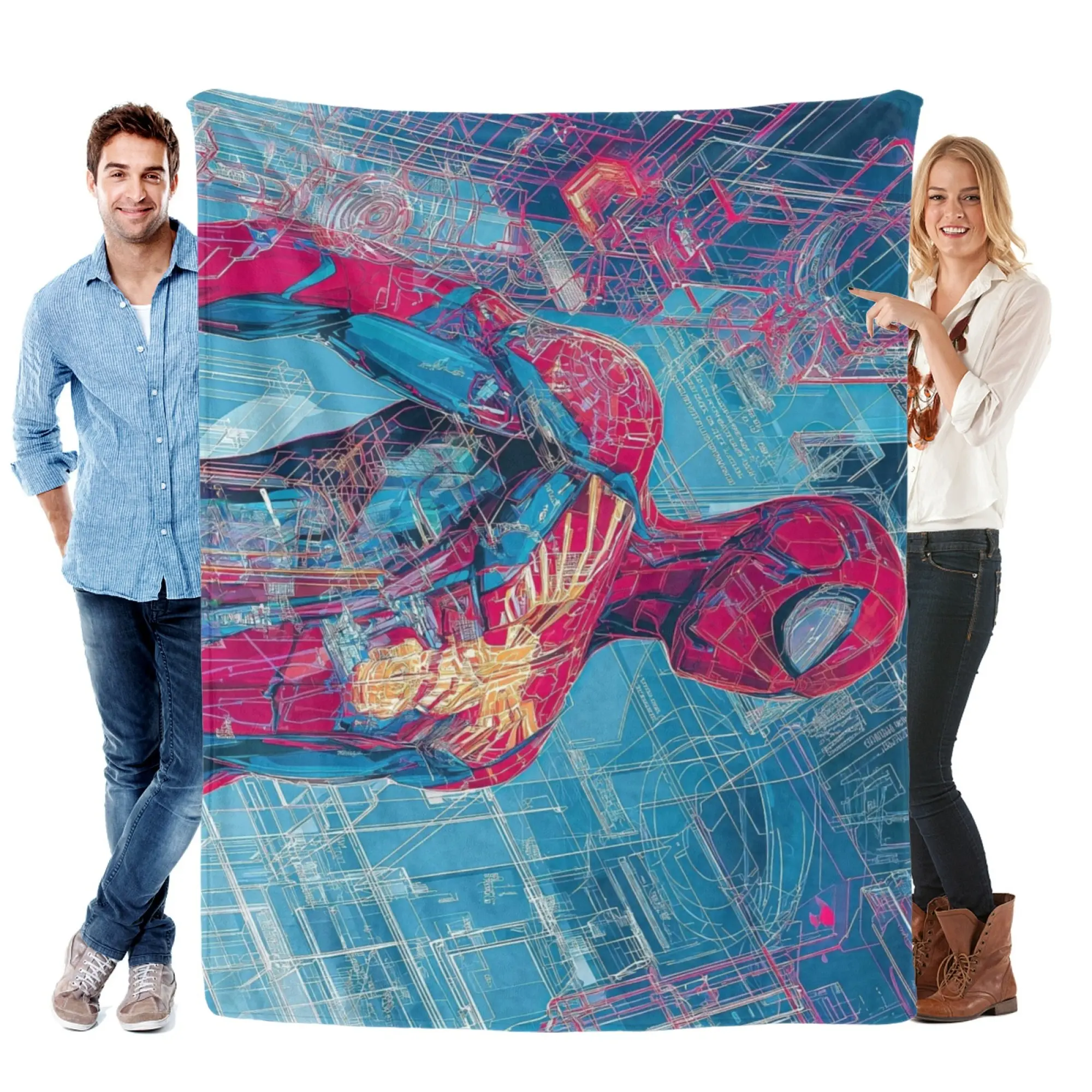 [SummerVibes] MARVEL CLASSIC Spider-Man Neon Blueprint Flannel Blanket, Soft 2D Print Throw for Home, Gaming Room & Fans