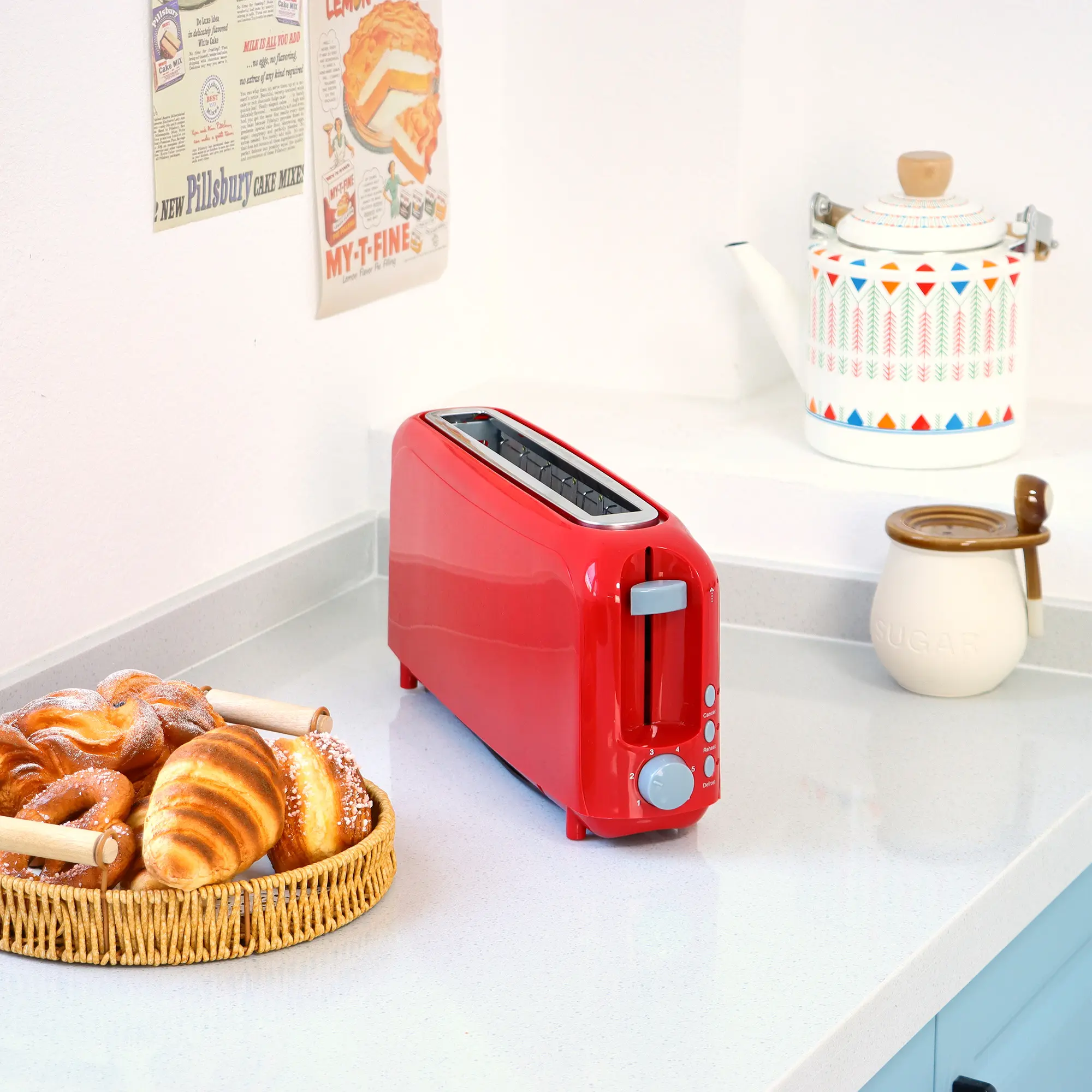 Ultra Slim 2-Slice Retro Toaster with 120V Plug, 750 W, 10-in Single Slot for Bagels & Artisan Bread, 6 Customizable Toast Levels, 3-in-1 Functionality (Toast/Reheat/Defrost), Control Knob, Removable Crumb Tray, Auto Shut-Off, Easy to Use & Clean, Red