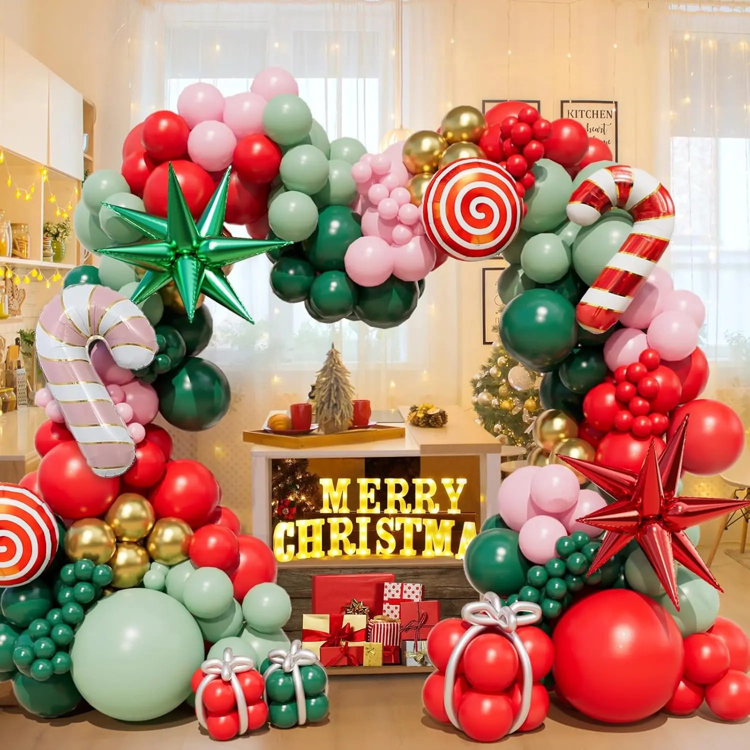 196 count Christmas Balloon Garland Arch kit with Red Green Pink  Christmas Balloons Candy Cane Red and Green Exploding Star Balloons for Christmas Party Decorations  Year