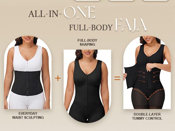 SHAPSHE Faja Compression Shapewear for Women Double-Layer Fabric Built-in Bra Adjustable Straps Zipper Crotch Breathable