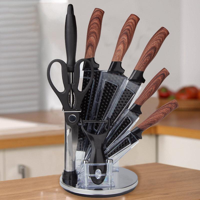9-Piece Kitchen Knife Set - Black Chef Knife Set with Sharp Blades, Non-Stick Stainless Steel Cooking Knives Set, Ergonomic Wood Grain Handle, Aesthetic Kitchen Knives,Meat Knife Block