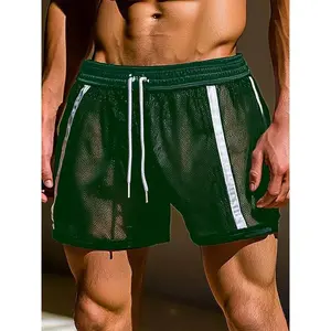 Men's summer sports drawstring mesh shorts with breathable hollow stripe design, suitable for daily wear