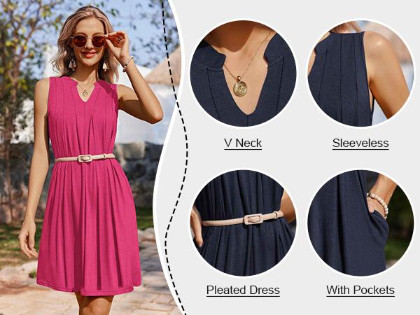 Zeagoo Women's Casual A-Line Dress with Pockets 2026 Sleeveless V Neck Pleated Sundress Loose T-Shirt Work Office Dresses summerwins