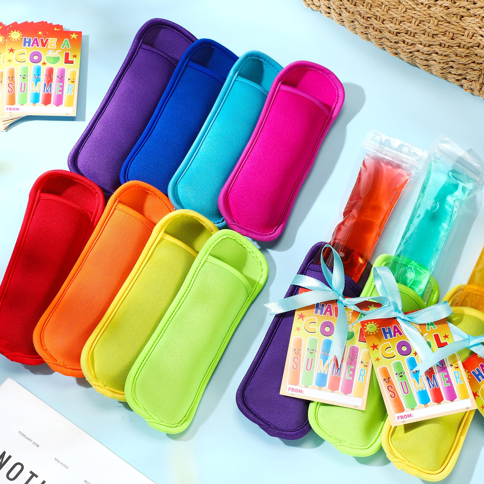 24/30 Pack End of School Year Gifts Reusable Ice Pop Sleeves with Gift Cards & Ribbon, Multicolor Washable Neoprene Popsicle Holders for Students, Classroom Prizes, Summer Favors