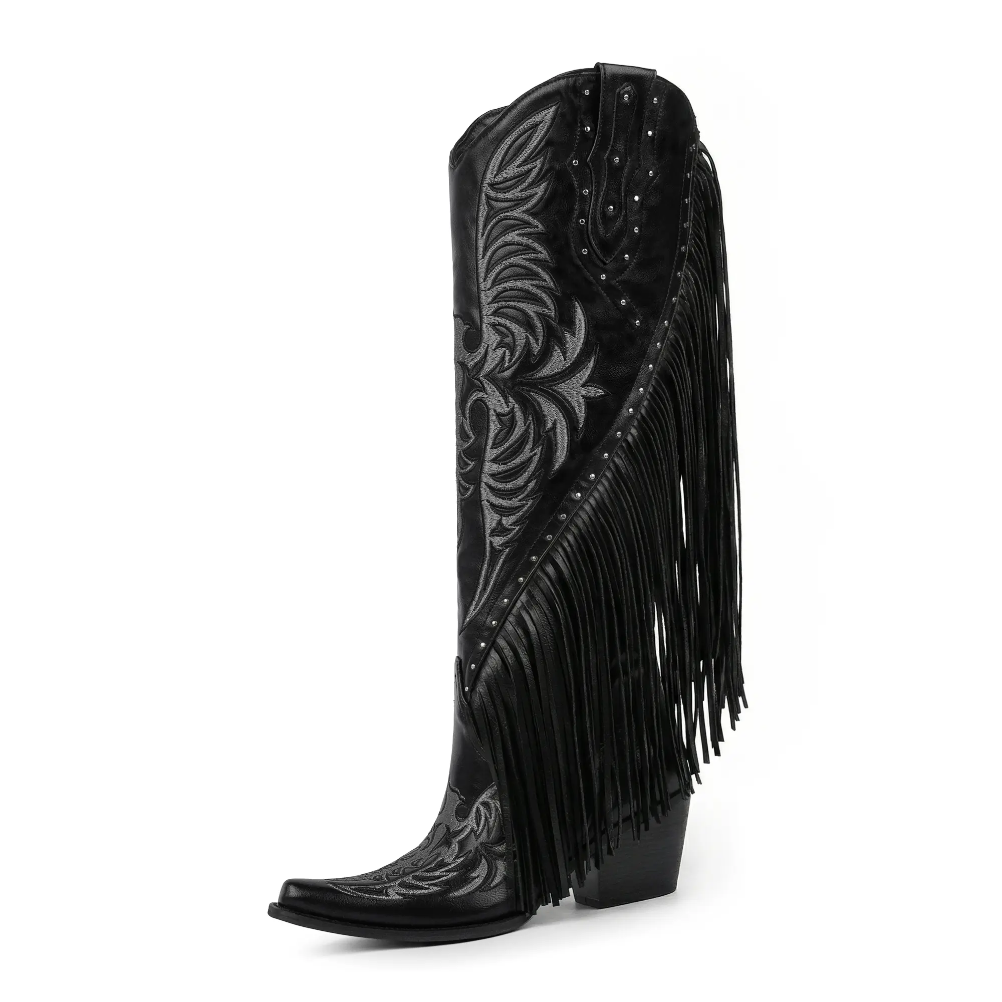 Cowboy Boots for Women Fringe Cowgirl Boots Embroidered Studded Pointed Toe Chunky Heel Western Knee High Boots Pull On Tall Boot