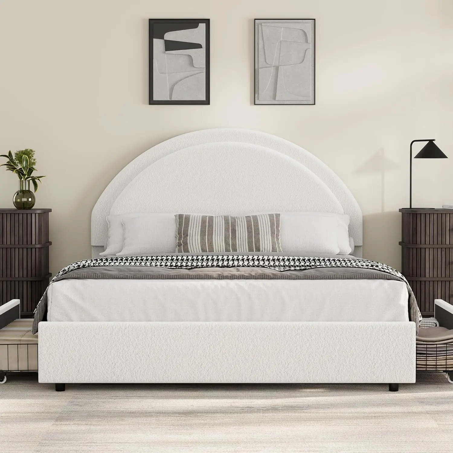 GAOMON Queen Size Cloud-Soft Boucle Upholstered Platform Bed Frame - Curved Arc Round Curved Upholstered Headboard, 4-Drawer Flex, Sturdy Heavy Duty Wooden Slats, Silent, No Box Spring Needed, White, Tool-Free Assembly Required, Bed Frames